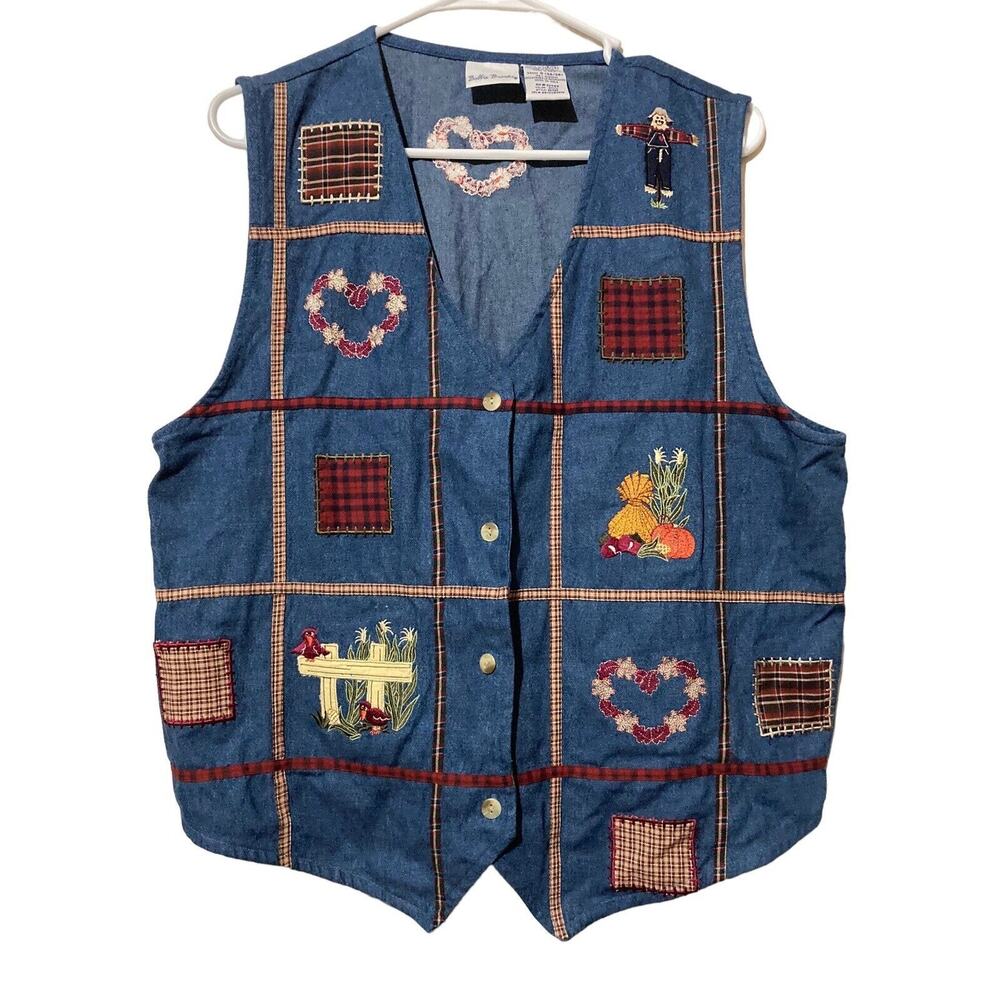 Vtg BOBBIE BROOKS Denim EMBROIDERED Plaid Scarecrow BUTTON-UP Vest L(12/14)